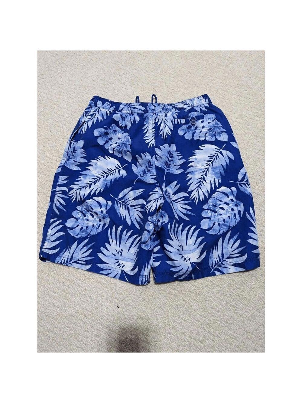 Caribbean Men's Blue & White Plant Print Swimwear Trunks Shorts Size M